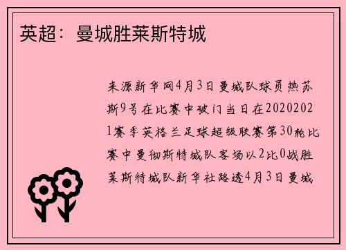 英超：曼城胜莱斯特城