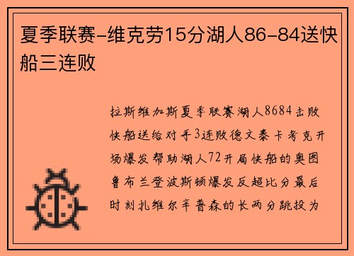 夏季联赛-维克劳15分湖人86-84送快船三连败