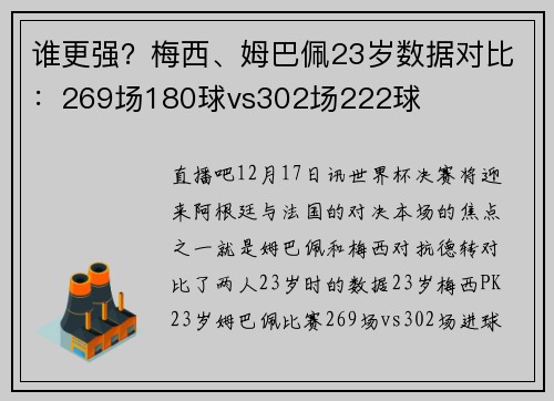 谁更强？梅西、姆巴佩23岁数据对比：269场180球vs302场222球