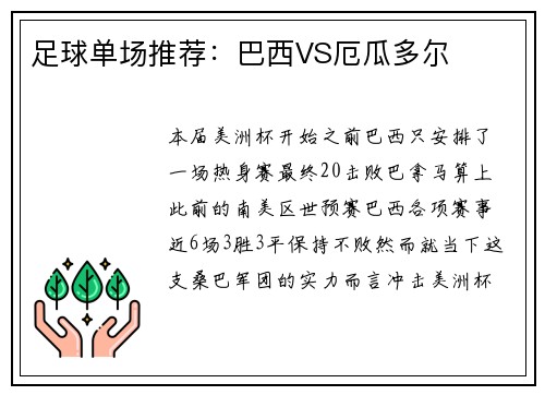 足球单场推荐：巴西VS厄瓜多尔